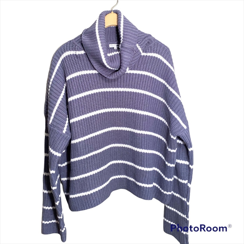 Fashion Nova Striped Cowl Neck Sweater Women’s 1X Blue White Chunky Knit